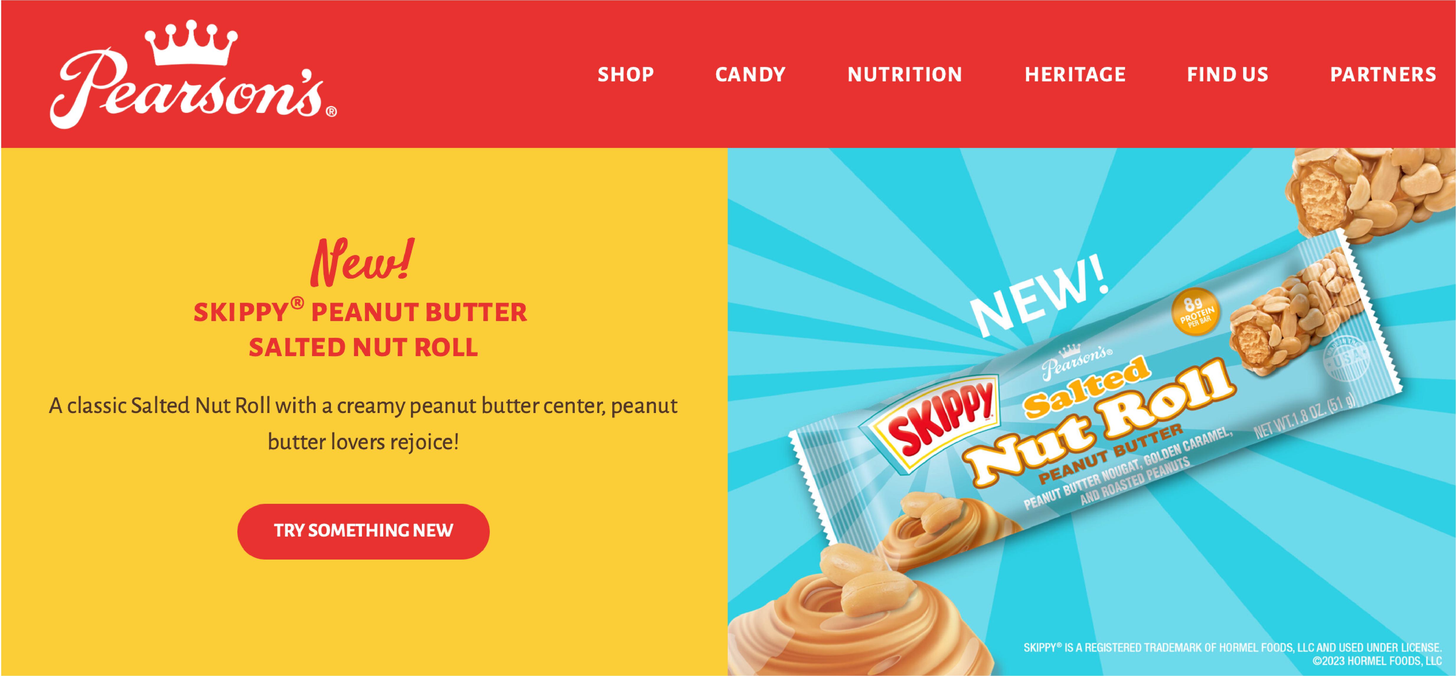 Pearson’s website showcasing the new Skippy Peanut Butter Salted Nut Roll.