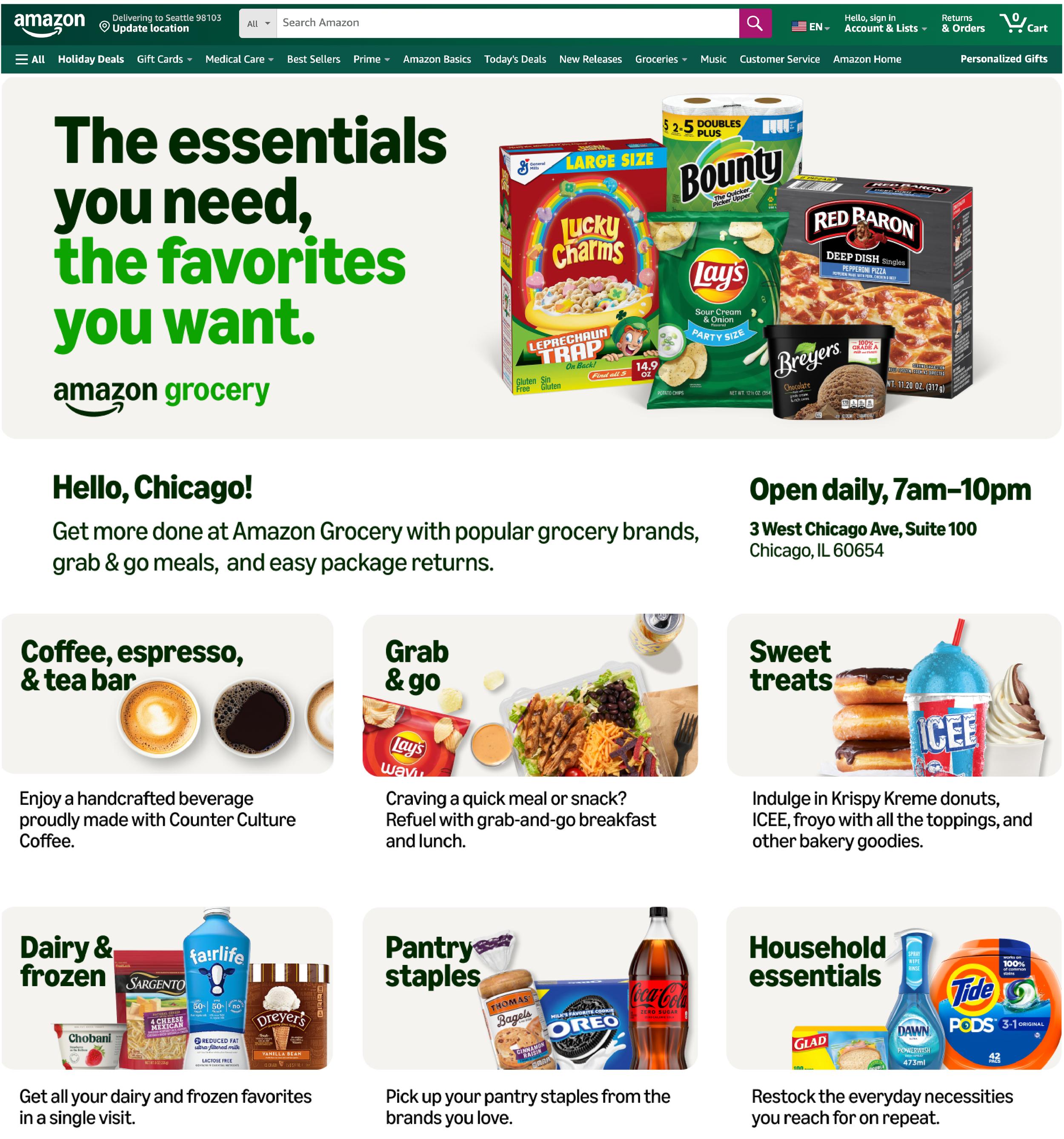 Screenshot of the Amazon Grocery website promoting popular grocery brands, grab & go meals, coffee, desserts, dairy, frozen, pantry & household items.